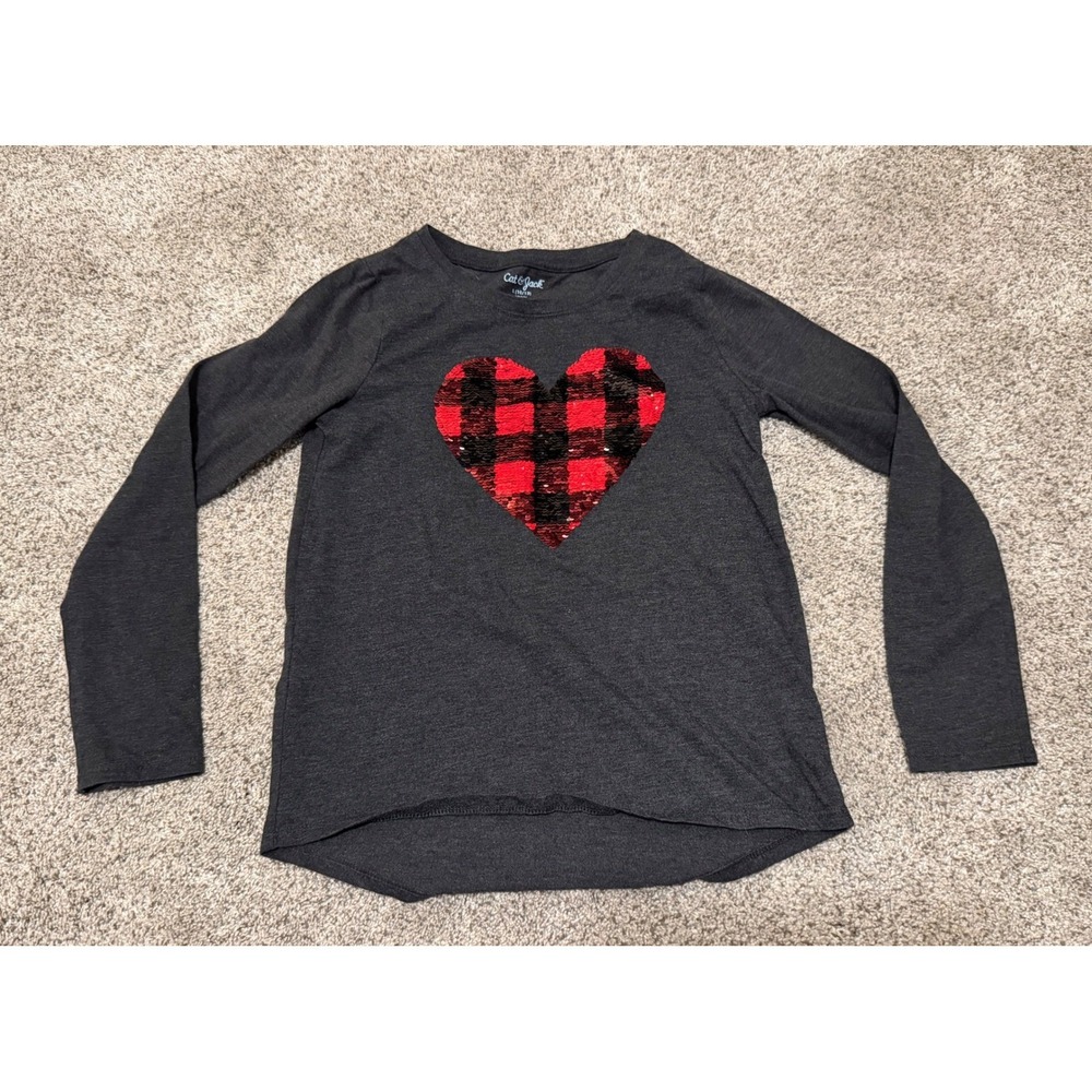 Cat & Jack Girls L 10/12 Long‎ Sleeve Flip Sequin Heart Buffalo Plaid Shirt Grey